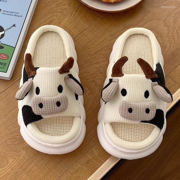 Slippers Men Linen Cartoon Milk Cow Thick Soft Non-Slip Sole Home Indoor Bedroom Lovers Couples Shoes Cute Funny Slides