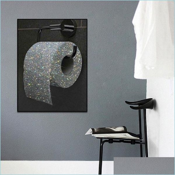 Gemälde Gemälde Lustiges glänzendes Toilettenpapier Leinwandgemälde Wandkunst Abstraktes schwarzes Bild Poster Druck Tapete Wohnzimmer Dekor Otqxy