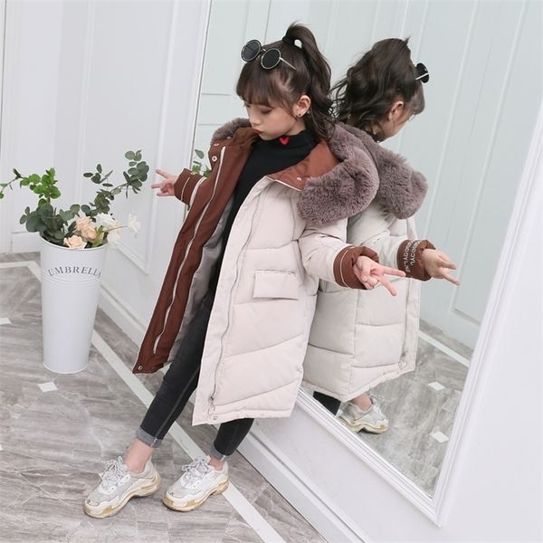 Вниз пальто Дети зимняя хлопчатобумажная одежда для девочек детская одежда Толстая парка мех с сонововым штурма
