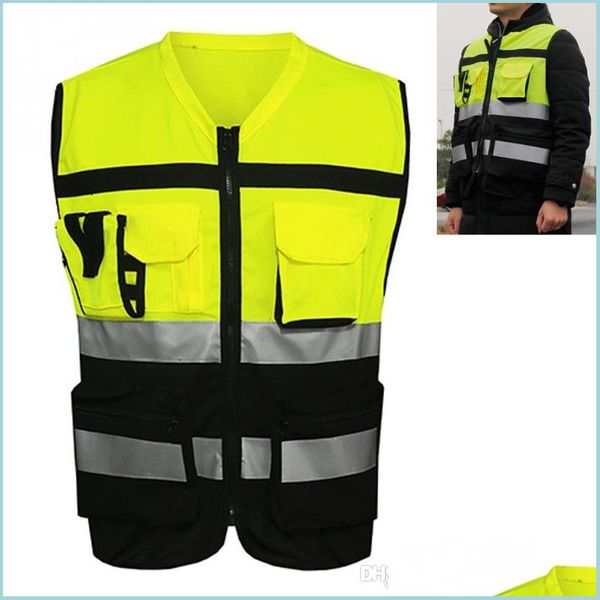 Abbigliamento da motociclista Sicurezza professionale Gilet riflettente Tasche Design Cinghie di sicurezza ad alta visibilità Ciclismo all'aperto Zip Drop Deliv Dhzhq