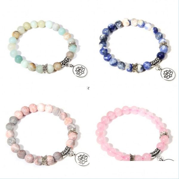 Fili Di Perline Fatti A Mano In Pietra Naturale Loto Ohm Buddha Perline Bracciale 19Cm Rosa Zebra Pietre Braccialetti Con Ciondoli Braccialetti Donna Uomo Jewe Dh3Ud