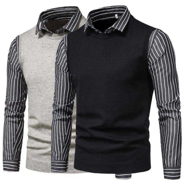 Mente masculino masculino Casual Autumn Knitwear Lappel listrado Fake Two Wast Weater Sweater Shirt Macho Tops