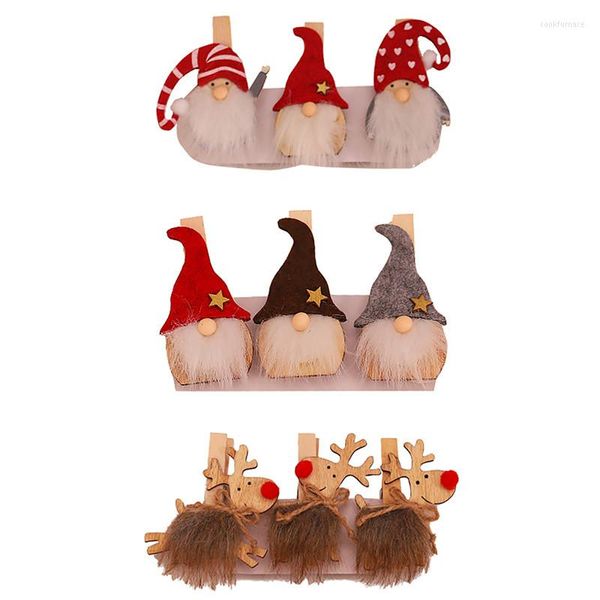 Weihnachtsdekorationen 3PCS natürliche Holzklammern Mini Weihnachtsmann Elch Po Wäscheklammer DIY Party Clip Pegs Dekor