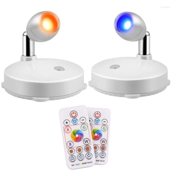 Lâmpada de parede RGB sem fio LED Spotlight Light Dimmable Light com Mini Puck Luz de Puck Remoto 4000k Cabeça Rotatável 2 pacote 2 pacote