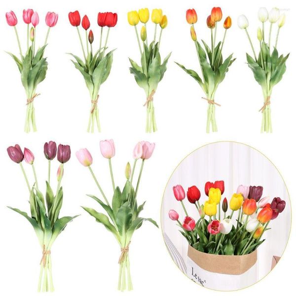 Fiori decorativi Silicone artificiale 5 teste Steli Bouquet di tulipani Fioritura Tocco reale Decorazione della stanza artigianale fai-da-te Forniture per feste festive