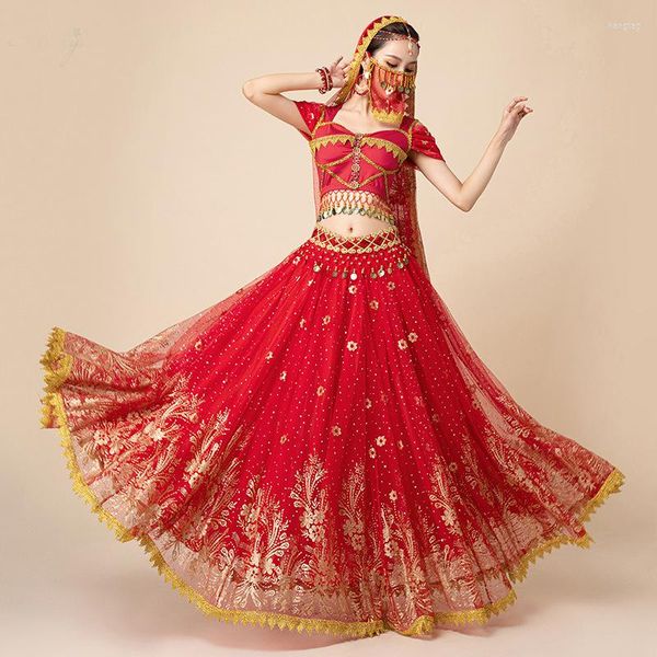 Bühnenkleidung Damen Bauchtanz-Outfits Bollywood-Tanzkostüm Lady Girl Karneval bestickter langer Rock-Set