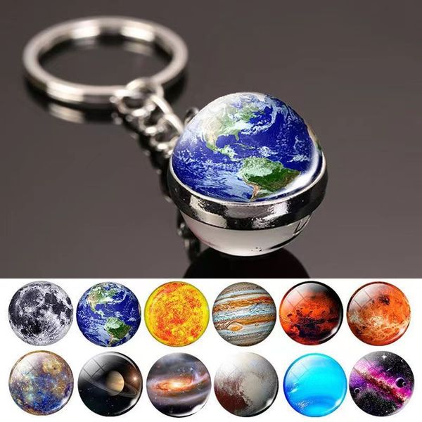 Keychains masculinos e femininos brilham no sistema solar escuro Planet Key Ring cordão galáxia nebulosa luminosa teclado lunar terra sol duplo lateral vidro bola de vidro cadeia