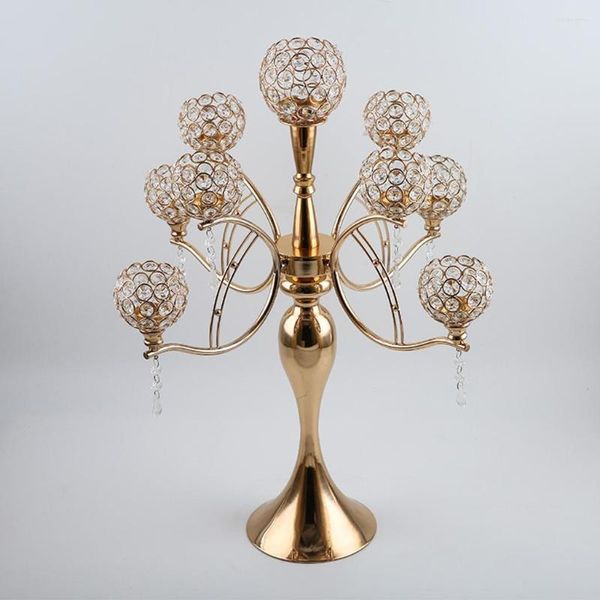 Держатели свечей металл 9 головы золота с подсветкой высококачественной хрустальной канделябра свадебное украшение домашнего декора центральный элемент