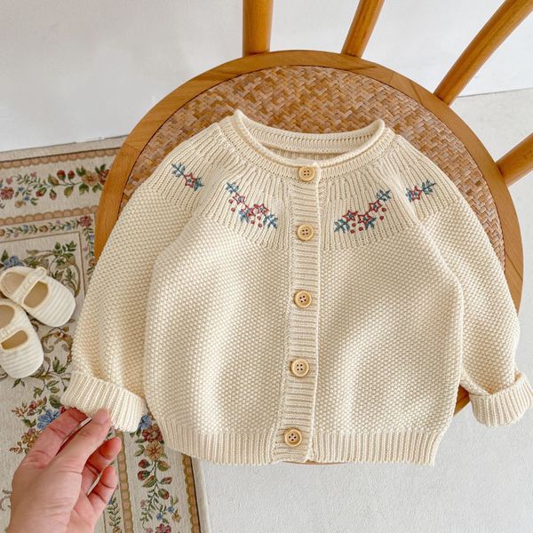 0-2t Ins Baby Girls Cardigan mit Blumenstickerei Beige Stricker Sweater 100% Baumwollboutique für Mädchen Spring Fall Kleidung 83113
