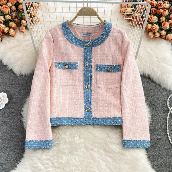 Jackets feminino Feminino Autumn Winter estilo celebridade pequeno casaco de fragrância contraste Tweed tecido casual lã mistura casaco curto top