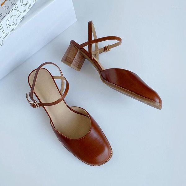 Kleidschuhe Donna-in Retro Braunes Kalbsleder Mittlere Absätze für Frauen Round Toe Slingbacks Tägliche Bürodame 365 Tage OOTD Marry Jane Schuh