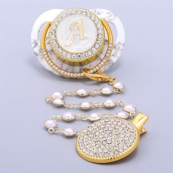 Pacifiers# персонализированные бусинки сочиста Bling Gold Holder BPA Силиконовый сосок 24 буквы.