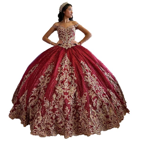 Wein/Gold Quinceanera-Kleid 2023, glitzernd, schulterfrei, Ballkleid, Korsett, süßer 16. Geburtstag, Party, Abschlussball, Vestidos de 15 Jahre, besondere Spitze, Charro, mexikanisch