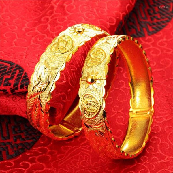 Pulseiras 999 Dragão de ouro amarelo Phoenix Double Happiness Bracelet para mulheres Bride Wedding Bangles Jewelry Gifts