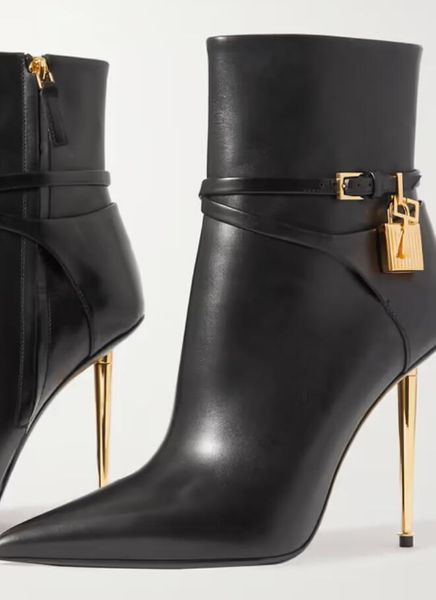 Tom-f-boot Damen-Stiefeletten, verzierte Leder-Stiefeletten mit Vorhängeschloss, goldfarbener Absatz und sexy Pumps mit spitzer Zehenpartie und Schlossschlüssel