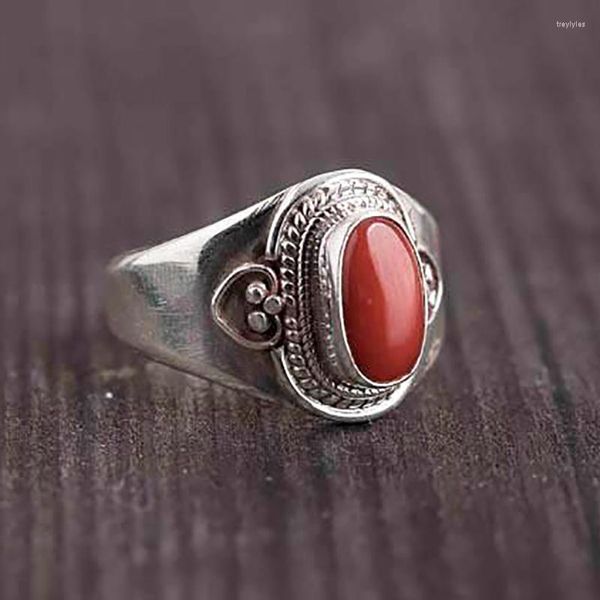 Rings de cluster Design exclusivo design nepal artesanal embutido prateado a sul de abertura de turmalina vermelha anel ajustável de estilo étnico de estilo étnico jóias