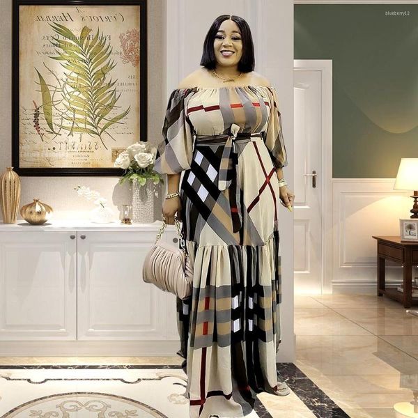 Casual Kleider Für Frauen 2022 Muslimischen Karomuster Square Neck Boubou Robe Traditionelle Maxi Kleidung Nigerianischen Lange Ärmel