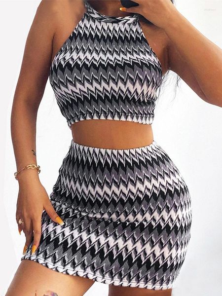 Arbeitskleider Sexy Strick Geometrisches Muster 2-teiliges Set Frauen Halter Crop Top Mantel Minirock Anzug 2022 Sommer Weibliche Party Club Outfits Y2K