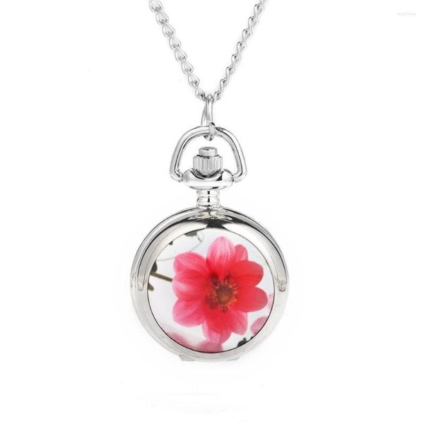 Relógios de bolso 8903 grandes flores vermelhas prateadas criativas tendências requintadas Roman Scale Roman Watch Personalidade Presente Quartz