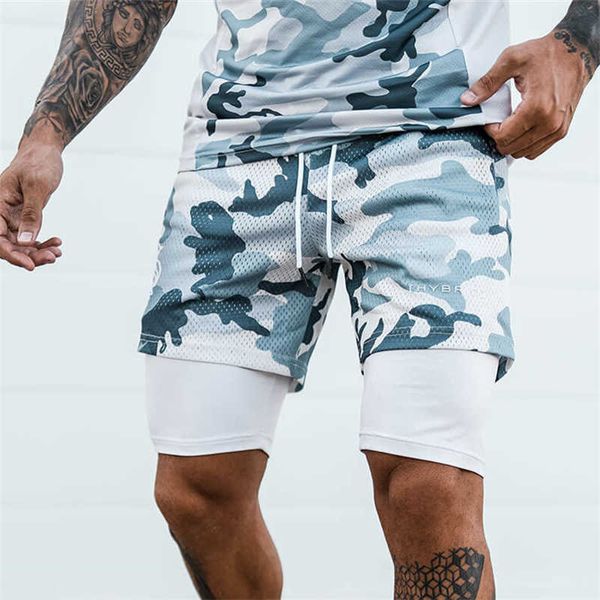 Shorts masculinos 2 em 1 esporte camuflagem malha de camuflagem respirável jogging duplo convés, executando o treino de fitness de ginástica seca rápida buttoms 8-Color G221012