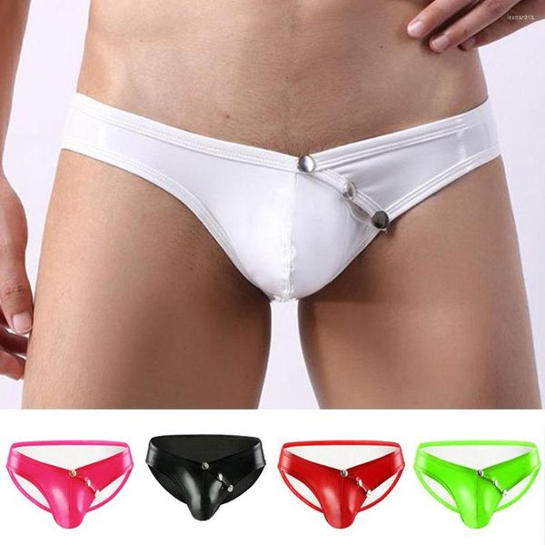 MUITAS PONTAS Mens Sexy Rouphe Penis Removível Bugle bolsa Briefs Thong Color Solid Patent Leature Calcinha de biquíni erótico gay