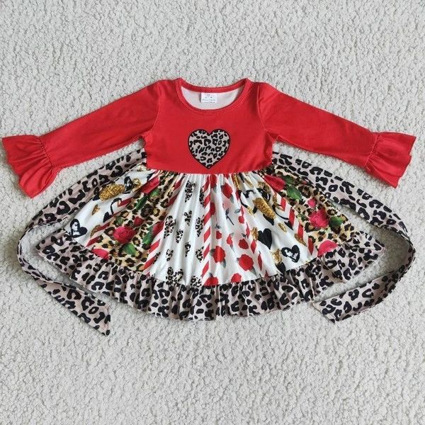 Mädchen Kleider Großhandel Valentinstag Kinder Kleid Liebe Baby Rüschen Rot Leopard Herz Kleidung Kinder Kleinkind Frühling Kleinkind Twirl Kleidung