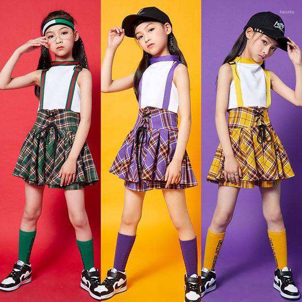 Abbigliamento da palcoscenico Festa dei bambini Costume da spettacolo di danza Gonna a reticolo Ragazze Jazz Hip Hop Abbigliamento da ballo Catwalk Show Outfit