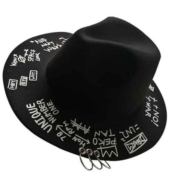 Beanie/Skull Caps Cappello Fedora piercing graffiti lettere di lana stile coreano marea uomini e donne top a tesa larga British jazz hip hop winte T221013