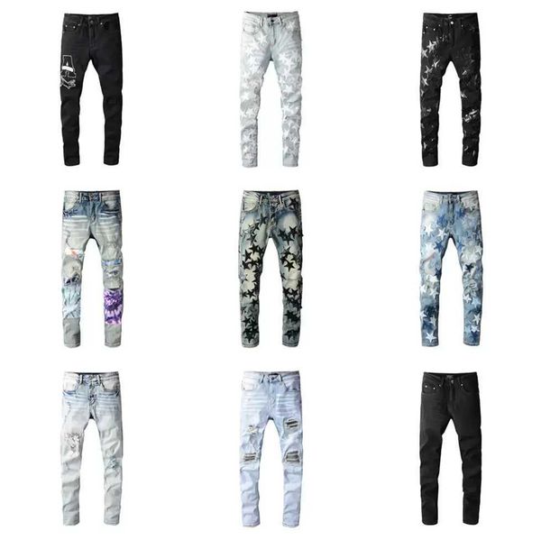 Herren-Jeans, Sommer, beliebt, Herren, Hip-Hop, Reißverschluss, Loch, ausgewaschen, Jean-Am-Hose, Herren-Designer-Kleidung, cooler Typ, Denim-Mann, Stickerei, Biker-Hose