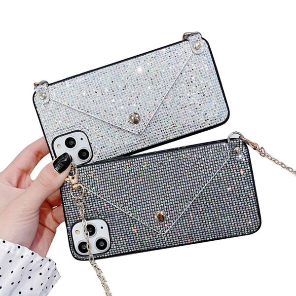 Luxus-Handyhüllen Oblique Crossbody Mobiltelefonhülle Flash Diamond Rückseite Schutzhülle Strap Plug Card Bag Chain für iPhone 14 Plus Pro Max 13 12 Mini XS XR