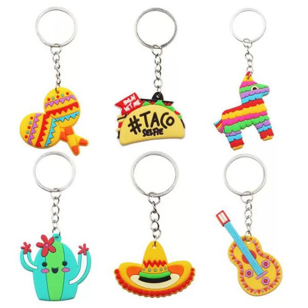 M￩xico PVC Keychains Rainbow Color Cactus Hat Horse Horse Guitar Pingente Metal Keychian Decoration Backpack Festival Party Gifts