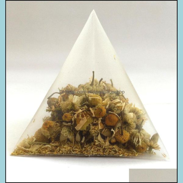 Kaffee-Tee-Werkzeuge 5.5x7cm Biologisch abbaubar nicht gewebte Pyramiden-Teebeutelfilter Nylon Teebeutel Single-Schnur mit Etikett transparent leerer Beutel OT5DU