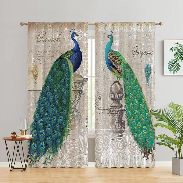 Vorhang Vintage Pfau mit Blumen Schmetterling 3D-Digitaldruck Schlafzimmer Wohnzimmer Fenstervorhänge 2 Paneele