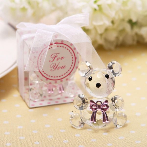 Babypartybevorzugungen Kristall-Teddybär-Ornament mit rosa Schleife in Geschenkbox für Mädchen-Geburtstags-Souvenir Neugeborene Taufe-Souvenirs GCB16309