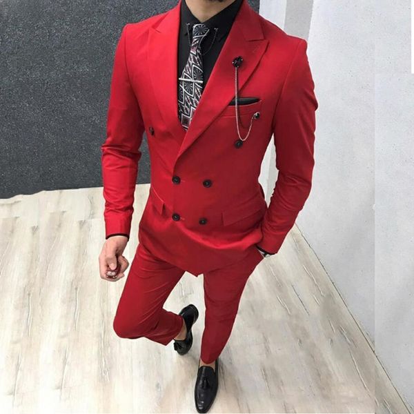 Tailor Made 2 Pezzi Abito da Uomo Rosso Slim Fit Smoking da Sposo da Sposa Business Doppio Petto Giacca Giacca Pantaloni