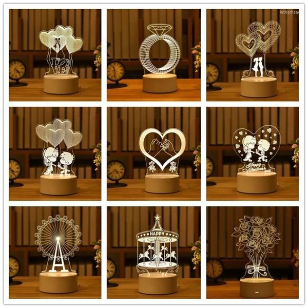 Luci notturne Amore romantico Lampada 3D Acrilico a forma di cuore Albero luminoso a LED Tavolo decorativo San Valentino Decorazione natalizia Regali