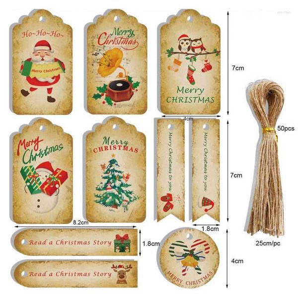 Noel Dekorasyonları Karikatür Kraft Kağıt Etiketleri Halat Vintage Noel Ağacı/Noel Baba El Sanatları Asma Etiketler Dekor Ev Malzemeleri 50 PCS