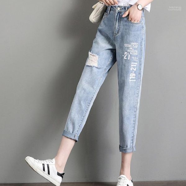 Jeans feminino Letters femininos Print Women Women Nine Point Plus Size Summer Summer Feminino Feminino Longo da cintura harém de moda fino