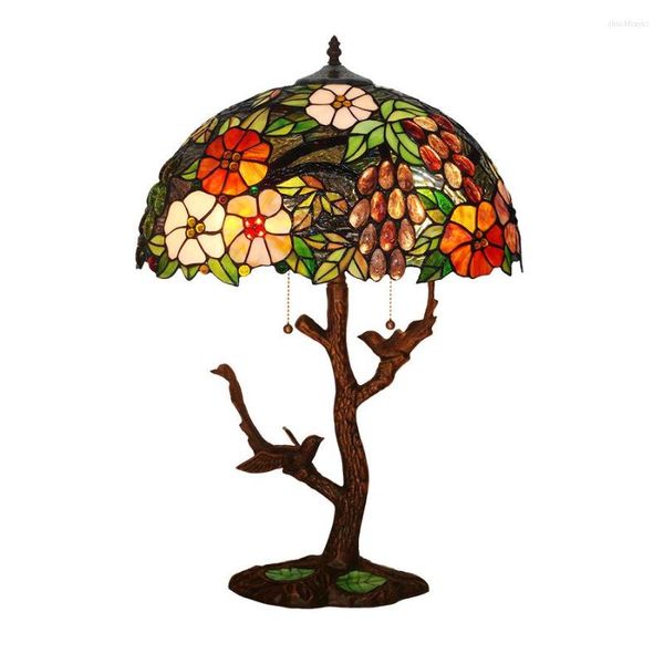 Lampade da tavolo Europeo Vintage Rustico Giardino Fiore Foglia Animale Uccello Lampada da letto Doppia E27 LED Comodino Scrivania Luce Home Office Decorativa