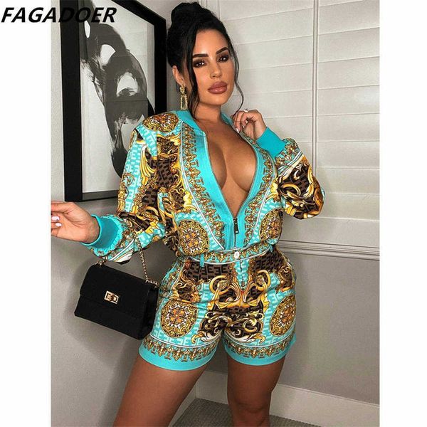 Calças de duas peças femininas Fagoer Fashion African Retro Print Dois pice conjuntos de mulheres roupas caçam o padrão de zíper feminino vintage shorts de casaco de manga longa T221012