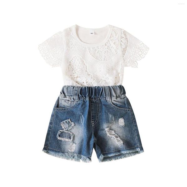 Kleidungssets Kleinkind Baby Mädchen 2 Stücke Sommer Outfits Kurzarm Rundhals Spitze Tops Zerrissene Denim Shorts Set 6 Mt-4 T