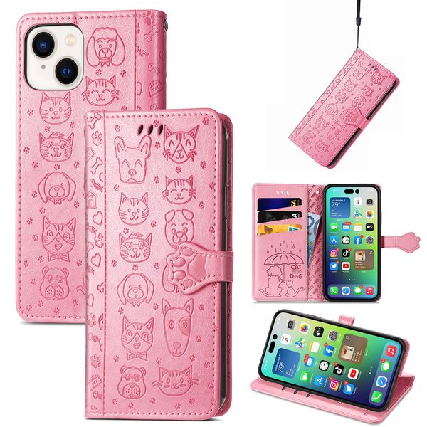 Süße Katze Hund Flip Leder Portemonnaie Hülle für iPhone 14 13 12 11 Pro Max Mini 6 6S 7 8 Plus XS XR Handy Kartensteckplatz Rückseite Abdeckung