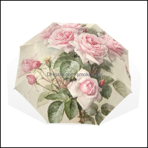 Guarda -chuvas vintage shabby impressão floral feminina chuva guarda -chuva rosa chique rosa três garotas dobráveis ​​matic matic parapluie 211227 d otzlx