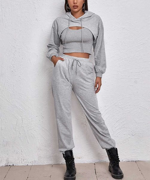 Zweiteilige Damenhose SeigurHry Damen 3-teiliger Trainingsanzug Outfits Sexy Langarm Pullover Hoodie Tank Jogginghose Sweatsuit Workout Sets T221012