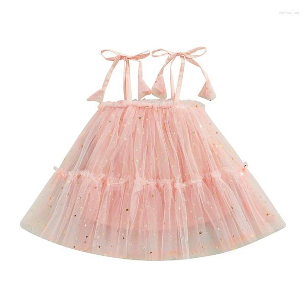 Vestidos meninas meninas infantis meninas mangas um vestido A-line Summer Baby Tie-up Spaghetti Strap Stars Print de camada dupla de camada dupla doce princesa