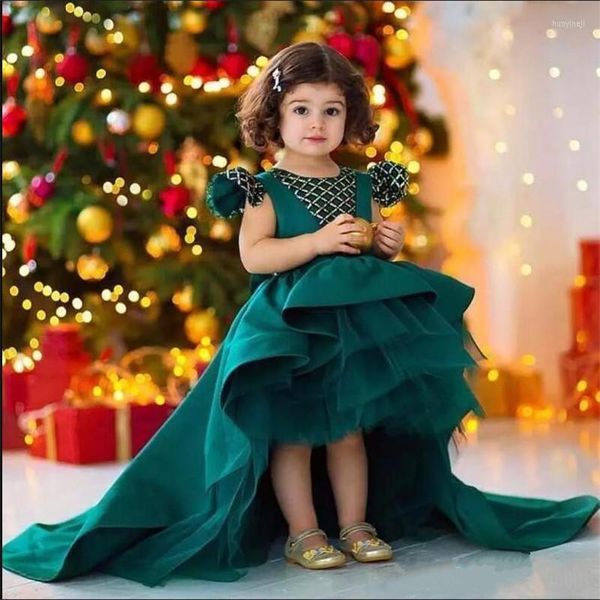 Mädchenkleider Rüschen-Prinzessin-Kleid für süße Kleinkinder High Low grüne Satinkleider mit großer Schleife und Flügelärmeln Kindergeburtstagsfeier