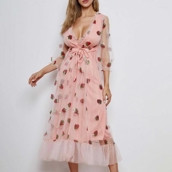 Casual Dresses Formal Dress Sequins Strawberry Pattern Women Ruffles Patchwork V Neck Lace Net Yarn For Wedding