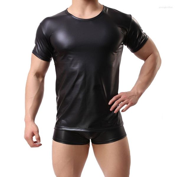 Erkekler tişörtleri sahte deri erkekler seksi hip hop tişörtleri tees gece kulübü kulüp giysileri fitness için erotik iç çamaşırı