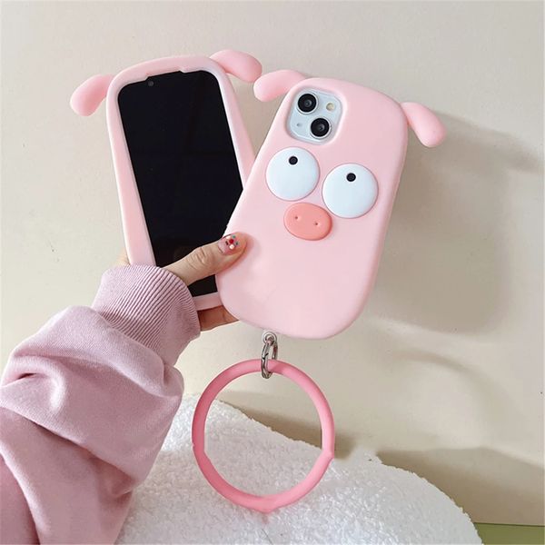 Luxushüllen Super Funny 3D große Augen rosa Schwein Armband Silikon Handyhülle für iPhone 14 Pro Max 11 12 13 Xs Xr 7 8 Plus X Se Abdeckung