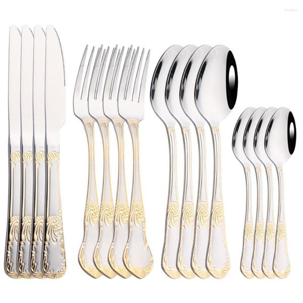 Set di stoviglie Posate vintage in oro occidentale Posate da pranzo Coltello Forchetta Cucchiaino Set Utensili da tavola di lusso dorato con incisione